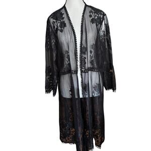 Me & U Black Lace Duster Cardigan 1X Plus Sheer Long Sleeve Kimono Boho Gothic